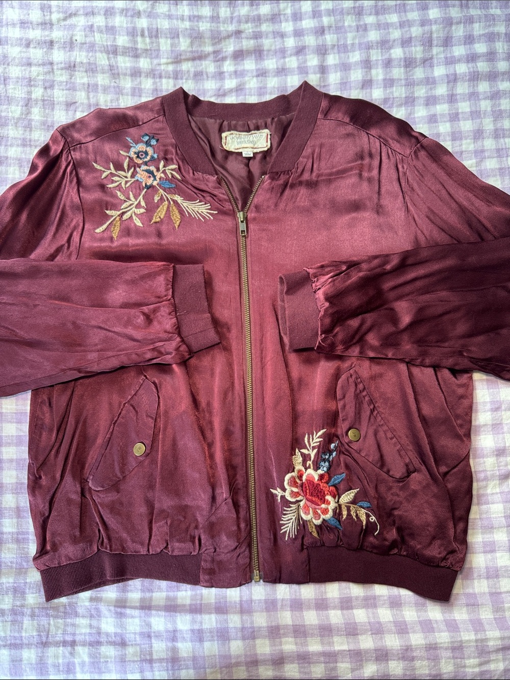 Johnny Was Silk Embroidered Bomber Jacket - Wine